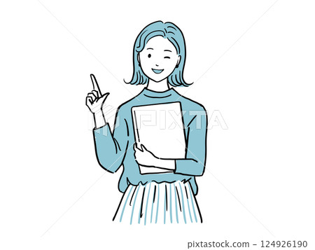 Woman holding a laptop and winking & pointing 124926190