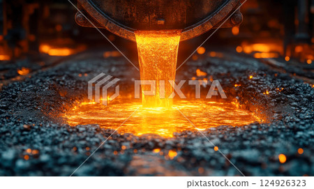 Molten metal being poured in a steel mill, glowing bright orange in a high-temperature industrial setting 124926323
