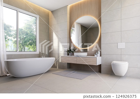 Modern contemporary bathroom with nature view 3d render Modern contemporary bathroom with nature view 3d render 124926375