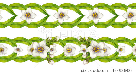 Watercolor floral border with white flowers, green leaves, buds in ornate, looping pattern. Set of seamless border templates for invitations, packaging, ribbons, scrapbook, stationery, wedding, frames Watercolor floral border with white flowers, green leaves, buds in ornate, looping pattern. Set of seamless border templates for invitations, packaging, ribbons, scrapbook, stationery, wedding, frames 124926422