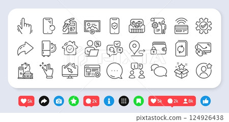 Smartphone recovery, Computer mouse and Favorite line icons pack. Social media: share, comment, like icons. Loyalty program, Lock, Settings blueprint web icon. Vector 124926438