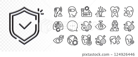 Fever, Check eye and Cholecalciferol line icons for web app. Glare of light effect. Message icon. Pack of Shield, Electronic thermometer, Dental insurance pictogram icons. Vector Fever, Check eye and Cholecalciferol line icons for web app. Glare of light effect. Message icon. Pack of Shield, Electronic thermometer, Dental insurance pictogram icons. Vector 124926446