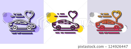Honeymoon travel line icon. Halftone dotted pattern. Gradient icon with grain shadow. Love car trip sign. Valentines day transport symbol. Line honeymoon travel icon. Various designs. Vector 124926447