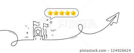 Feminism line icon. Continuous line with share plane. Women protest sign. People with flags symbol. Five star rate review in speech bubble. Feminism single line ribbon. Loop curve pattern. Vector 124926624