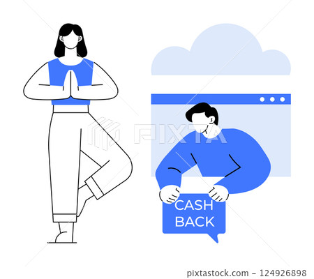 Woman practicing yoga in tree pose, man holding cash back sign from web access Ideal for health, wellness, financial savings, online shopping and mindful living Modern flat design style 124926898