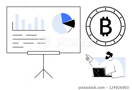 Man with laptop points at presentation board displaying charts and Bitcoin symbol. Ideal for finance, cryptocurrency, presentations, analytics, technology, education, investment. Line metaphor 124926903