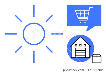 Bright blue sun, shopping cart inside speech bubble, warehouse with package icon. Ideal for e-commerce, logistics, energy solutions, online shopping, deliveries, supply chain, sustainable Bright blue sun, shopping cart inside speech bubble, warehouse with package icon. Ideal for e-commerce, logistics, energy solutions, online shopping, deliveries, supply chain, sustainable 124926904