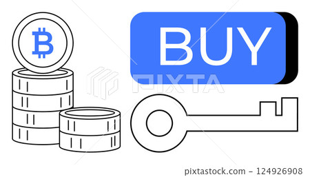 Stacks of Bitcoin coins, a blue BUY button, and a key outline symbolize investment, security, and purchase. Ideal for fintech, crypto trading, investment guides, security features, online 124926908