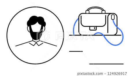 Profile of a bearded man within a circle next to a briefcase interconnected with blue lines. Ideal for professional networking, career development, business profiles, corporate identity, online Profile of a bearded man within a circle next to a briefcase interconnected with blue lines. Ideal for professional networking, career development, business profiles, corporate identity, online 124926917