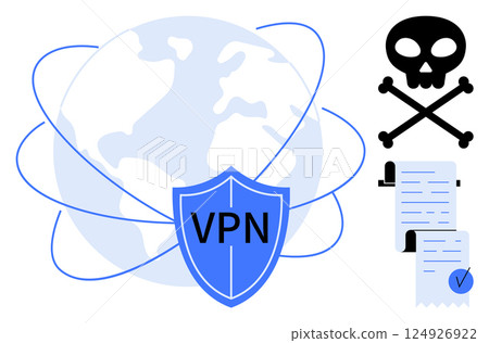 A blue shield with VPN written on it, symbolizing a secure internet connection, is placed in front of a globe with connecting lines. To the right, a skull and crossbones represent cyber threats 124926922