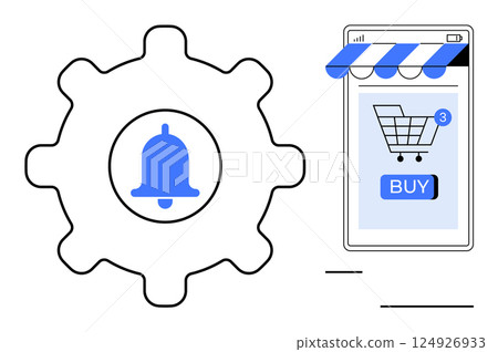 Gear with bell next to mobile showing online shop and buy button with cart notification. Ideal for e-commerce, mobile apps, notifications, online shopping, digital marketing themes. Modern flat style Gear with bell next to mobile showing online shop and buy button with cart notification. Ideal for e-commerce, mobile apps, notifications, online shopping, digital marketing themes. Modern flat style 124926933