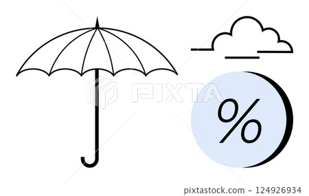 Umbrella with arched handle, partial cloud, and percentage symbol in blue circle. Ideal for weather, insurance, finance, risk management, savings, investment, climate analysis. Line metaphor Umbrella with arched handle, partial cloud, and percentage symbol in blue circle. Ideal for weather, insurance, finance, risk management, savings, investment, climate analysis. Line metaphor 124926934