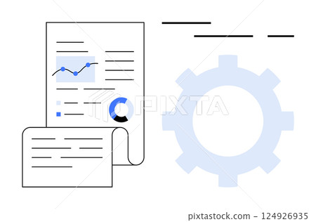 Business documents with charts and graphs next to a large gear symbol. Ideal for business strategy, data analysis, project planning, optimization, financial reports, process management, and workflow Business documents with charts and graphs next to a large gear symbol. Ideal for business strategy, data analysis, project planning, optimization, financial reports, process management, and workflow 124926935