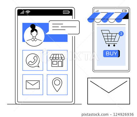 Two mobile screens with icons for profile, cart, contact, and location. Ideal for ecommerce, mobile apps, online shopping, communication, and user interface design. Minimalist vector style Two mobile screens with icons for profile, cart, contact, and location. Ideal for ecommerce, mobile apps, online shopping, communication, and user interface design. Minimalist vector style 124926936