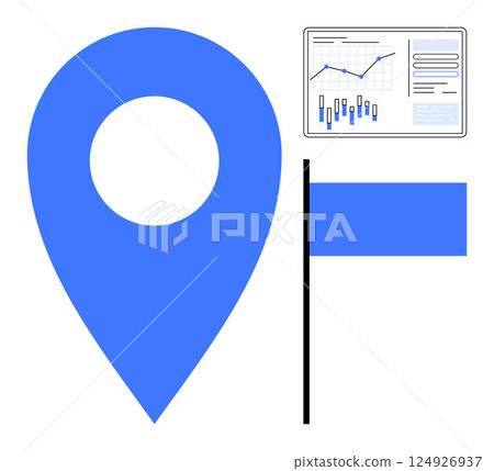 Location pin, flag, and data chart with line and bar graphs. Ideal for navigation, business analysis, data visualization, strategic planning, marketing, project management, and location services Location pin, flag, and data chart with line and bar graphs. Ideal for navigation, business analysis, data visualization, strategic planning, marketing, project management, and location services 124926937