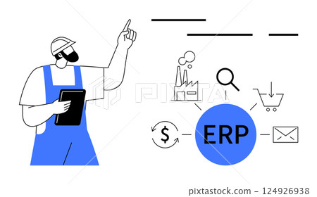 Mechanic pointing at ERP flowchart with icons for industry, search, shopping cart, dollar sign, email, and circular arrows. Ideal for business management, workflow automation, industrial processes Mechanic pointing at ERP flowchart with icons for industry, search, shopping cart, dollar sign, email, and circular arrows. Ideal for business management, workflow automation, industrial processes 124926938