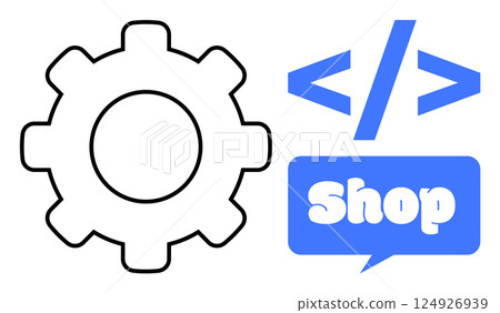 Black gear next to blue coding tags and a blue speech bubble with the word Shop. Ideal for web development, e-commerce, digital marketing, online stores, and technology services. Simple vector style Black gear next to blue coding tags and a blue speech bubble with the word Shop. Ideal for web development, e-commerce, digital marketing, online stores, and technology services. Simple vector style 124926939