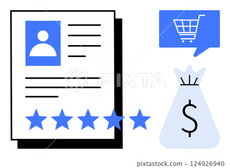 Customer profile document with blue background picture, five-star ratings, shopping cart icon, and money bag. Ideal for e-commerce, customer feedback, marketing analysis, online shopping, business Customer profile document with blue background picture, five-star ratings, shopping cart icon, and money bag. Ideal for e-commerce, customer feedback, marketing analysis, online shopping, business 124926940