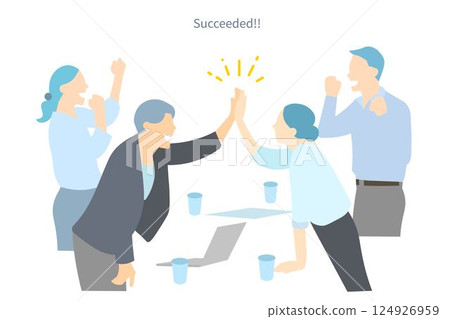 A team of men and women doing high-fiving - Negotiations concluded - Contract - Success - Business people vector illustration 124926959
