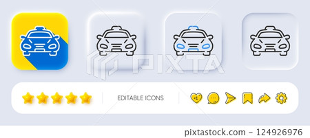 Taxi cab transport line icon. Neumorphic, Flat shadow, 3d buttons. Car vehicle sign. Taxicab driving symbol. Line taxi icon. Social media icons. Vector 124926976