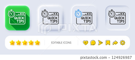 Quick tips line icon. Neumorphic, Flat shadow, 3d buttons. Helpful tricks sign. Tutorials with timer symbol. Line quick tips icon. Social media icons. Vector 124926987