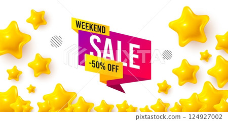Weekend sale winner banner with 3d stars. Golden stars banner. Weekend sale 50 percent off banner. Discount sticker shape. Hot offer icon. Review rate background. Vector Weekend sale winner banner with 3d stars. Golden stars banner. Weekend sale 50 percent off banner. Discount sticker shape. Hot offer icon. Review rate background. Vector 124927002