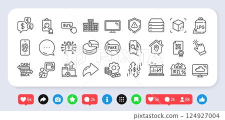Cashback card, Augmented reality and Company line icons pack. Social media: share, comment, like icons. Mortgage, Inspect, Security lock web icon. Monitor, Sound check, Seo devices pictogram. Vector Cashback card, Augmented reality and Company line icons pack. Social media: share, comment, like icons. Mortgage, Inspect, Security lock web icon. Monitor, Sound check, Seo devices pictogram. Vector 124927004