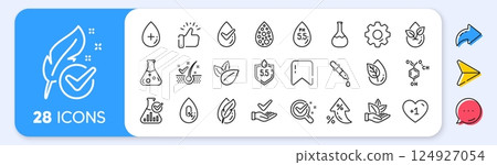 No artificial colors, Anti-dandruff flakes free line icons. Interest rate, AI generate, Inflation icons. Dermatologically tested, Alcohol free and Paraben chemical formula icons. Vector 124927054