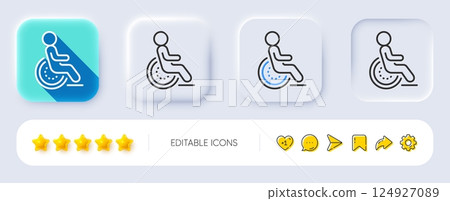 Disability person line icon. Neumorphic, Flat shadow, 3d buttons. Wheelchair user sign. Hotel service symbol. Line disability icon. Social media icons. Vector Disability person line icon. Neumorphic, Flat shadow, 3d buttons. Wheelchair user sign. Hotel service symbol. Line disability icon. Social media icons. Vector 124927089