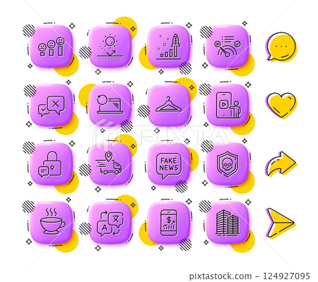 Delivery truck, Lock and Coffee cup line icons. App 3d buttons. Social media comment, share, like icons. Pack of No internet, Reject, Development plan icon. Vector Delivery truck, Lock and Coffee cup line icons. App 3d buttons. Social media comment, share, like icons. Pack of No internet, Reject, Development plan icon. Vector 124927095