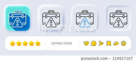 Warning briefcase line icon. Neumorphic, Flat shadow, 3d buttons. Attention triangle sign. Caution diplomat symbol. Line warning briefcase icon. Social media icons. Vector 124927107