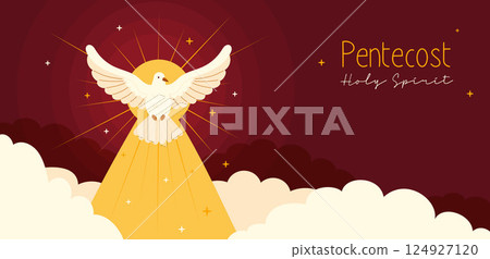Pentecost Sunday Holy Spirit. Dove with Divine Light Clouds on Burgundy Background Banner. Catholics, Christians Religious Holiday. Horizontal Poster for Biblical Series. Vector Illustration Pentecost Sunday Holy Spirit. Dove with Divine Light Clouds on Burgundy Background Banner. Catholics, Christians Religious Holiday. Horizontal Poster for Biblical Series. Vector Illustration 124927120