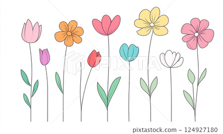 Simple and cute cartoon flower pattern, with colorful pastel colors on a white background. Minimalist in style, featuring simple line art and flat illustration. 124927180