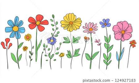 Simple and cute cartoon flower pattern, with colorful pastel colors on a white background. Minimalist in style, featuring simple line art and flat illustration. 124927183