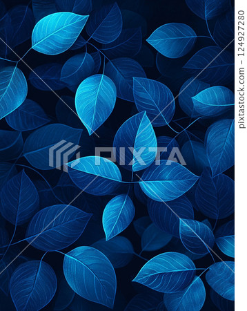 A minimalistic illustration with simple shapes of various blue leaves, arranged in an abstract pattern on the left side, set against a dark background. 124927280