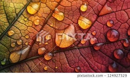 A close-up view of vibrant autumn leaves adorned with fresh water droplets, highlighting intricate vein patterns and rich colors like orange, red, and brown. 124927329