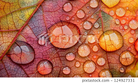A close-up view of vibrant autumn leaves adorned with fresh water droplets, highlighting intricate vein patterns and rich colors like orange, red, and brown. 124927331