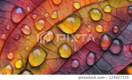 A close-up view of vibrant autumn leaves adorned with fresh water droplets, highlighting intricate vein patterns and rich colors like orange, red, and brown. 124927335