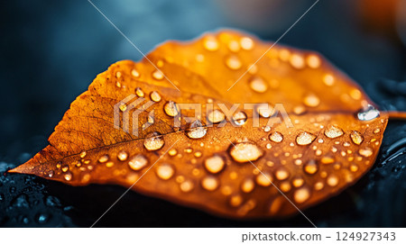 A close-up view of vibrant autumn leaves adorned with fresh water droplets, highlighting intricate vein patterns and rich colors like orange, red, and brown. 124927343
