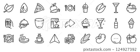 Apple carrot, Restaurant app and Water drop line icons pack. Share, Message, Paper plane icons. Juice, Pistachio nut, Ice cream web icon. Pizza, Mint leaves, Food app pictogram. Vector 124927392