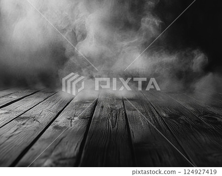 A wooden floor is partially covered by a thick, swirling mist, creating an atmospheric, moody, and mysterious scene with contrasting light and shadow. 124927419