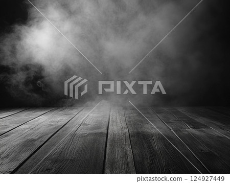 A wooden floor is partially covered by a thick, swirling mist, creating an atmospheric, moody, and mysterious scene with contrasting light and shadow. A wooden floor is partially covered by a thick, swirling mist, creating an atmospheric, moody, and mysterious scene with contrasting light and shadow. 124927449