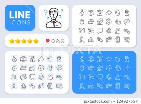 Leadership, Work home and Startup line icons for web app. Message, Share, Like social media icons. Pack of Touchscreen gesture, Talk bubble, Buy button pictogram icons. Vector 124927557
