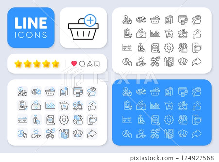 Pie chart, Inflation and Analytics chart line icons for web app. Message, Share, Like social media icons. Pack of Money change, Column diagram, Savings pictogram icons. Vector 124927568