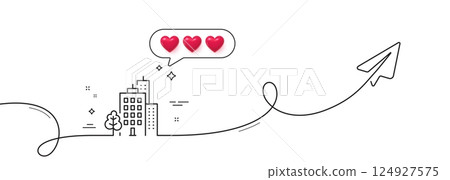 Buildings line icon. Continuous line with share plane. City architecture with tree sign. Skyscraper building symbol. Hearts rate review in speech bubble. Buildings single line ribbon. Vector 124927575