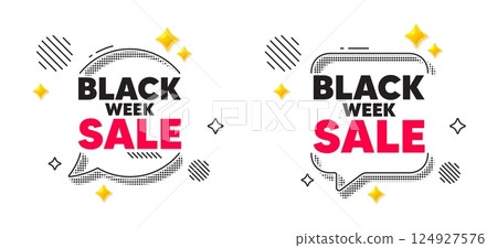 Black week chat speech bubble. Social media concept. Black week sale. Special discount sign. Black friday offer symbol. 3d flare stars chat bubble. Vector 124927576