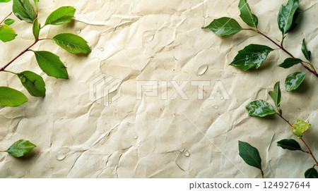 Green leaves with water drops framing wrinkled beige paper background Green leaves with water drops framing wrinkled beige paper background 124927644