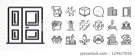 Power, Manual doc and Entrance line icons for web app. Glare of light effect. Message icon. Pack of Buildings, Eco power, Hold box pictogram icons. Vector 124927650