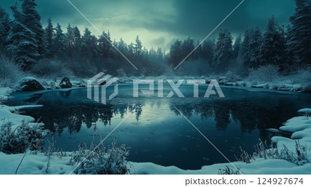 Frozen lake reflecting snowy forest at dawn 124927674