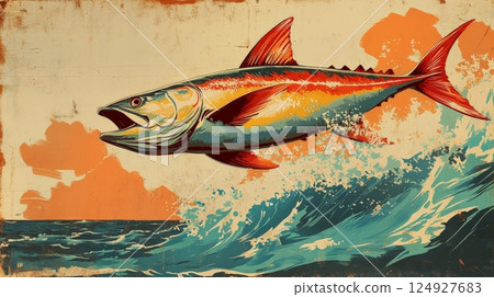 Large tuna fish jumping out of the ocean waves at sunset vintage illustration Large tuna fish jumping out of the ocean waves at sunset vintage illustration 124927683